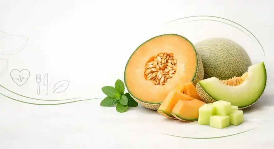 Melon właściwości: soczysty melon kantalupa, pokrojony w plastry i kostki, z listkami mięty. Obok cały melon i plaster zielonego melona.