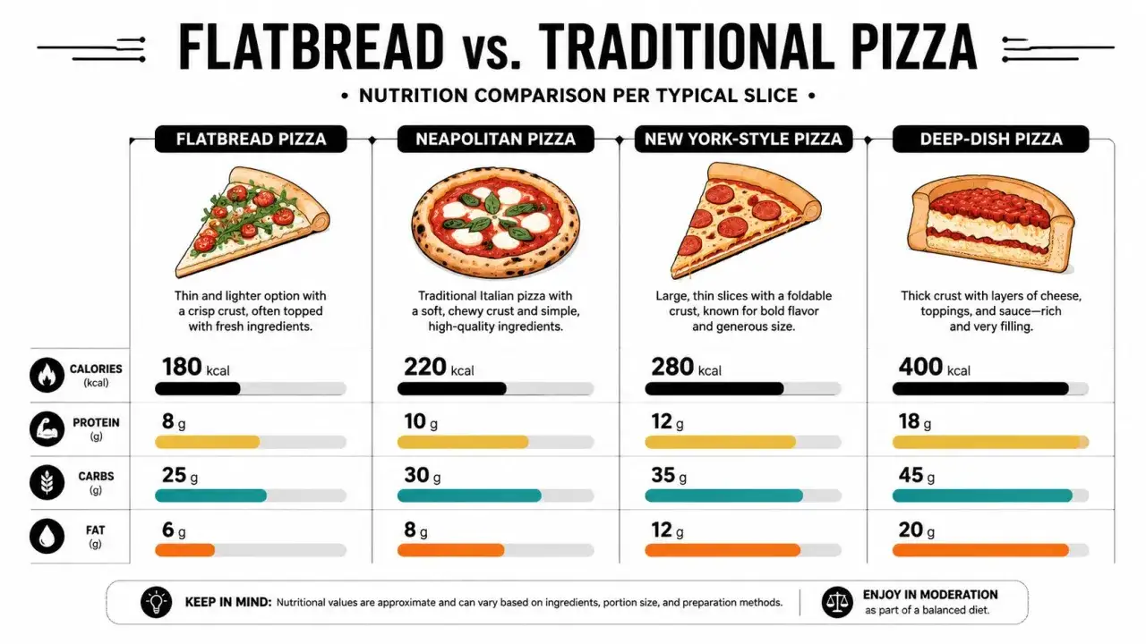 Porównanie ile kalorii ma pizza: flatbread (180 kcal), neapolitańska (220 kcal), nowojorska (280 kcal), deep-dish (400 kcal).
