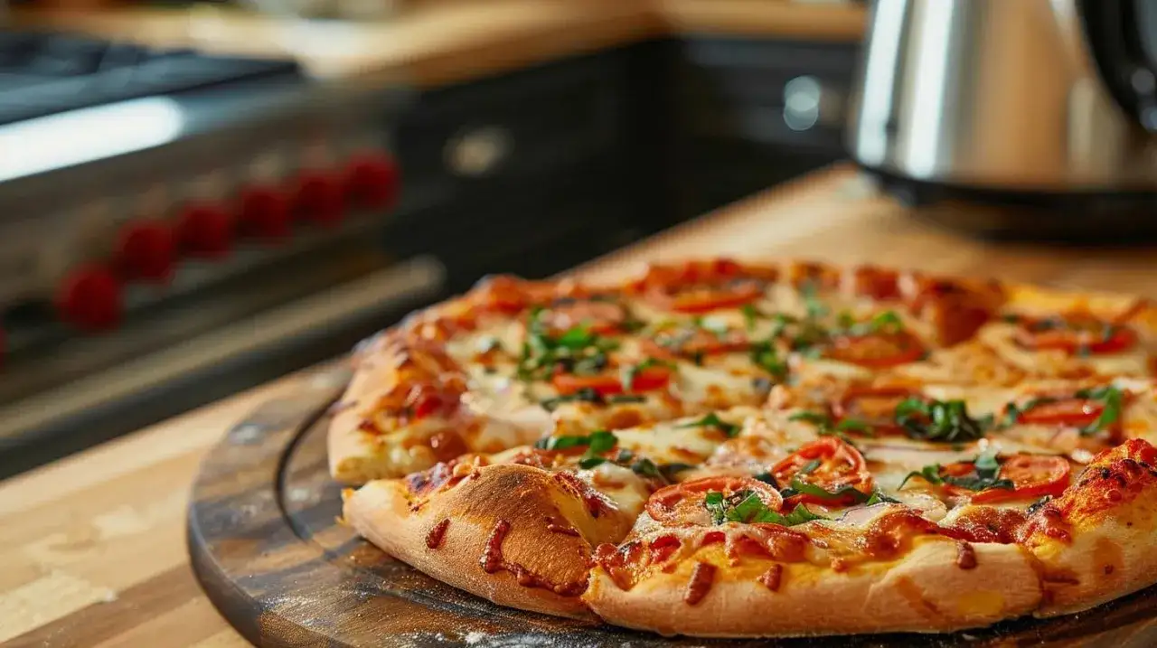 Pyszna pizza z pomidorami i bazylią, idealna do przygotowania w air fryerze. Chrupiące ciasto i aromatyczne dodatki.
