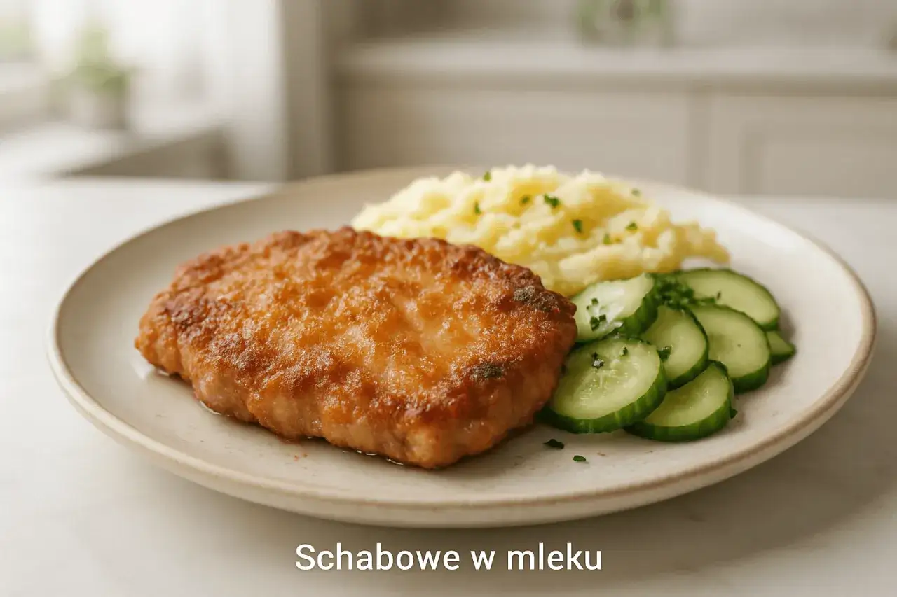 Złocisty kotlet schabowy Magdy Gessler, podany z purée ziemniaczanym i mizerią. Pycha!