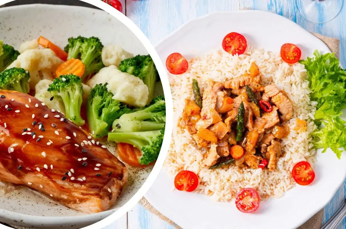 Łosoś w sosie teriyaki z warzywami i ryż z mięsem – idealne finger food na szybki obiad.