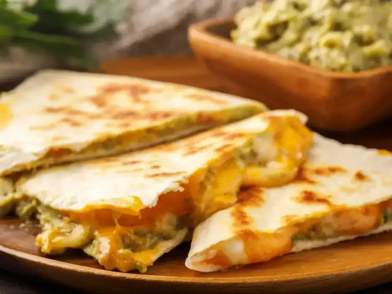 Pyszne quesadillas z serem i awokado, idealne na kolację. Obok miseczka guacamole.